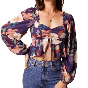 New Band Of The Free Floral Print Long Sleeve Crop Blouse Purple Size Small